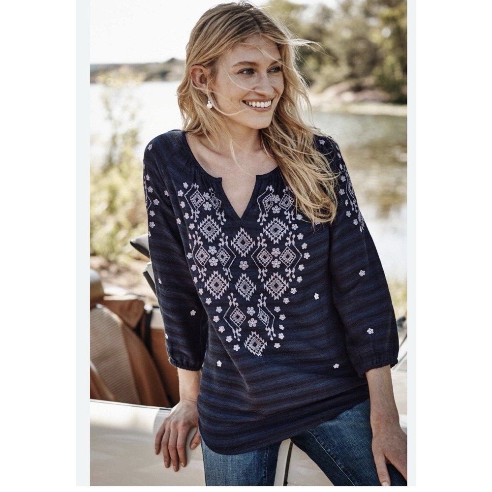New $99 J. Jill Embroidered Blouse Top Women's XL Boho Aztec Gauze Cotton